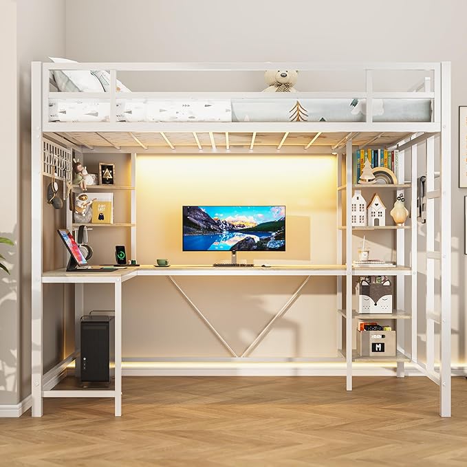 Loft Bed Twin Size with L Shaped Desk, LED Lights, Charging Station