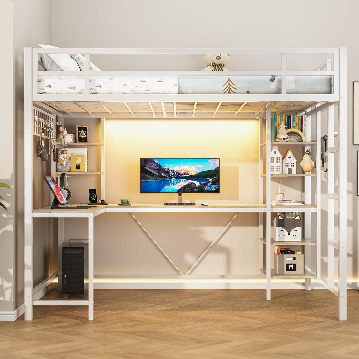 Bed Twin Size with L Shaped Desk, LED Lights, Charging Station, Heavy Duty Metal Loft Bed Frame with 6 Storage Shelves, Safety Guard & Ladder, No Box Spring Needed, No Noise, White