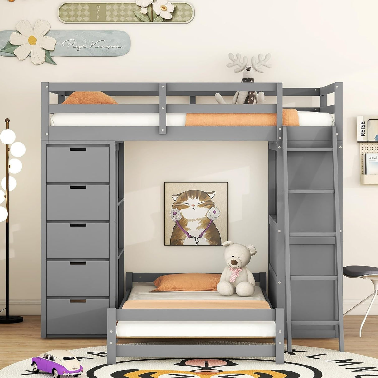 Over Twin Bunk Bed Loft Bed with Desk/ 8 Drawers/ 3 Shelves/Stairs/LED Light and USB