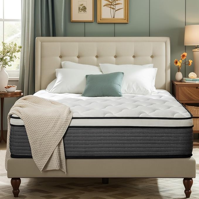 Queen Mattress, 12 Inch Pillow Top Hybrid Mattress in a Box Medium Firm Fiberglass-Free