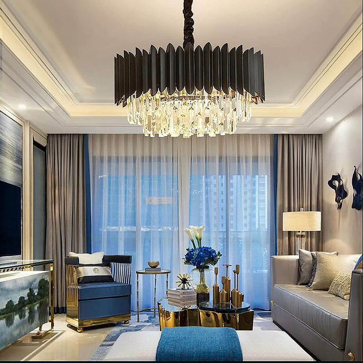 Crystal Chandeliers,Black Round Chandelier Light Fixture,2-Tier Raindrop Ceiling Light