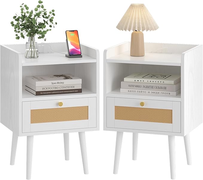 Night Stand Set of 2, Bedside Tables with Charging Station