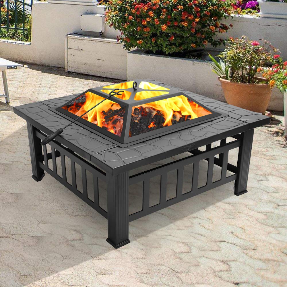 FCH 32" Metal Fire Pit Outdoor Backyard Patio Garden Square Stove Brazier with Charcoal Rack, Poker & Mesh Cover 32" L x 32" W x 17" H - Bircata