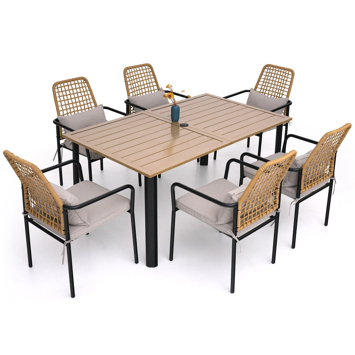 Stackable Rattan Patio Dining Chairs and and Rectangle Table Set of 6 with 63"x38" Wood-Like Table