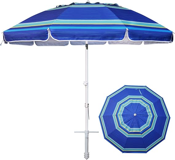 8 Feet Large Beach Umbrella with Sand Anchor Heavy Duty High Wind Portable Outdoor