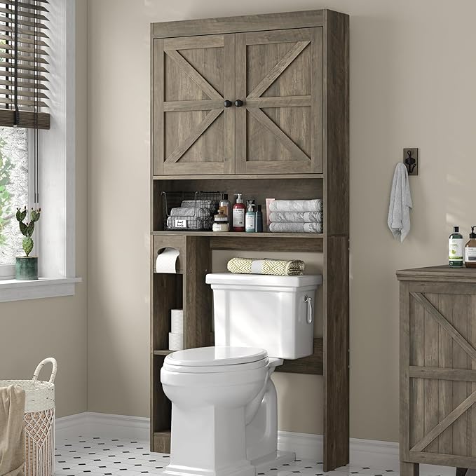 Over The Toilet Storage Cabinet with Barn Doors, 32.3''W Free Standing Toilet Storage