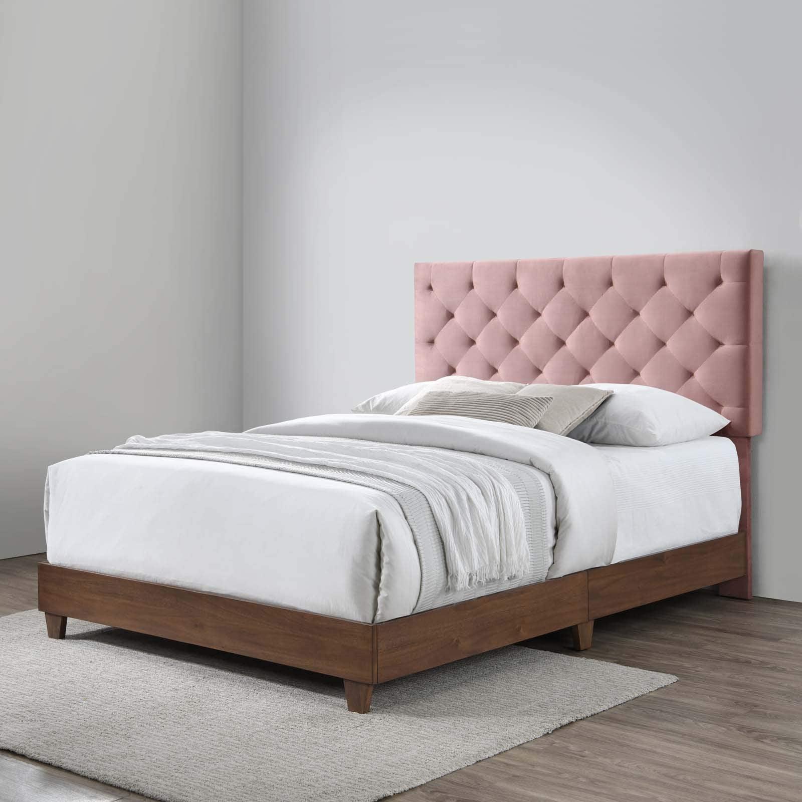 Tufted Upholstered Performance Velvet Queen Bed, Walnut Dusty Rose