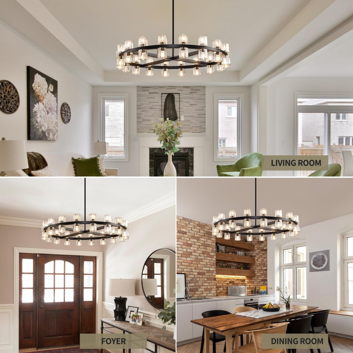 Modern 36" Black Round Chandelier, K9 Crystal Chandeliers for Dining Room, Living