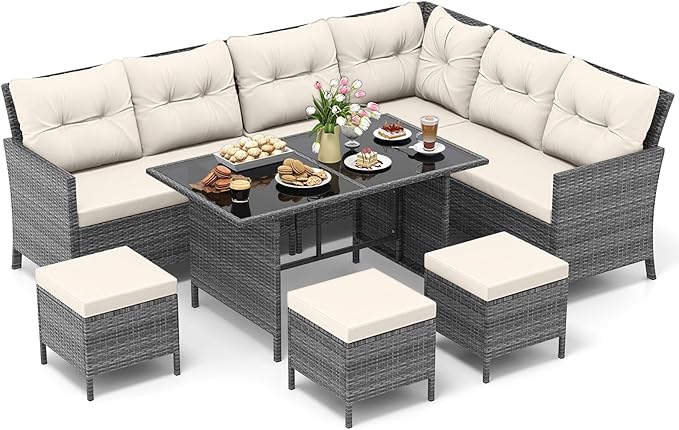 7 Pieces Patio Dining Furniture Set, Outdoor PE Rattan Sectional Sofa Set