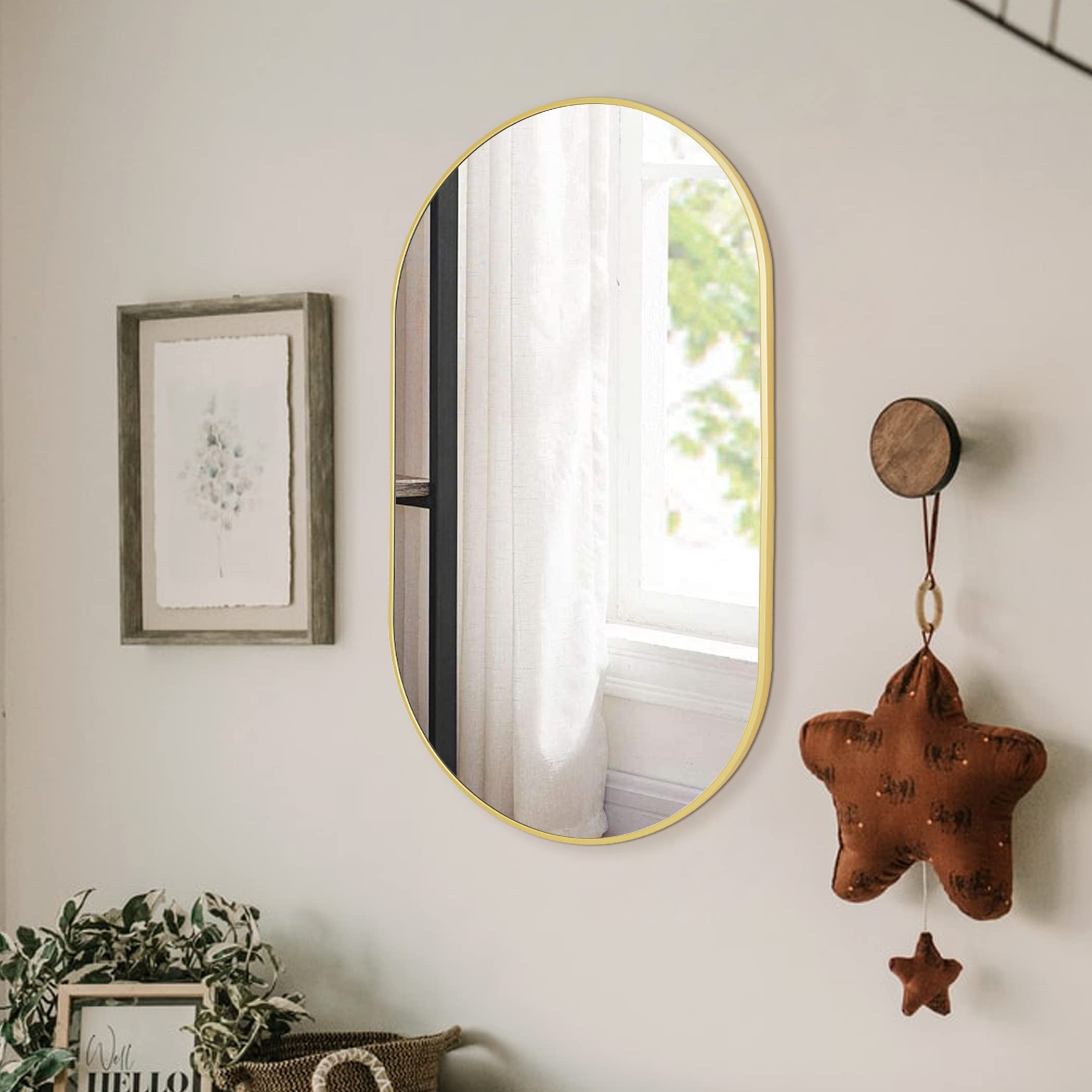 COFENY Oval Mirror, 17"x30" Gold Bathroom Mirror with Metal Frame, Wall Mount Mirrors Decor for Bedroom Living Room、Entryway Hangs Horizontal or Vertical