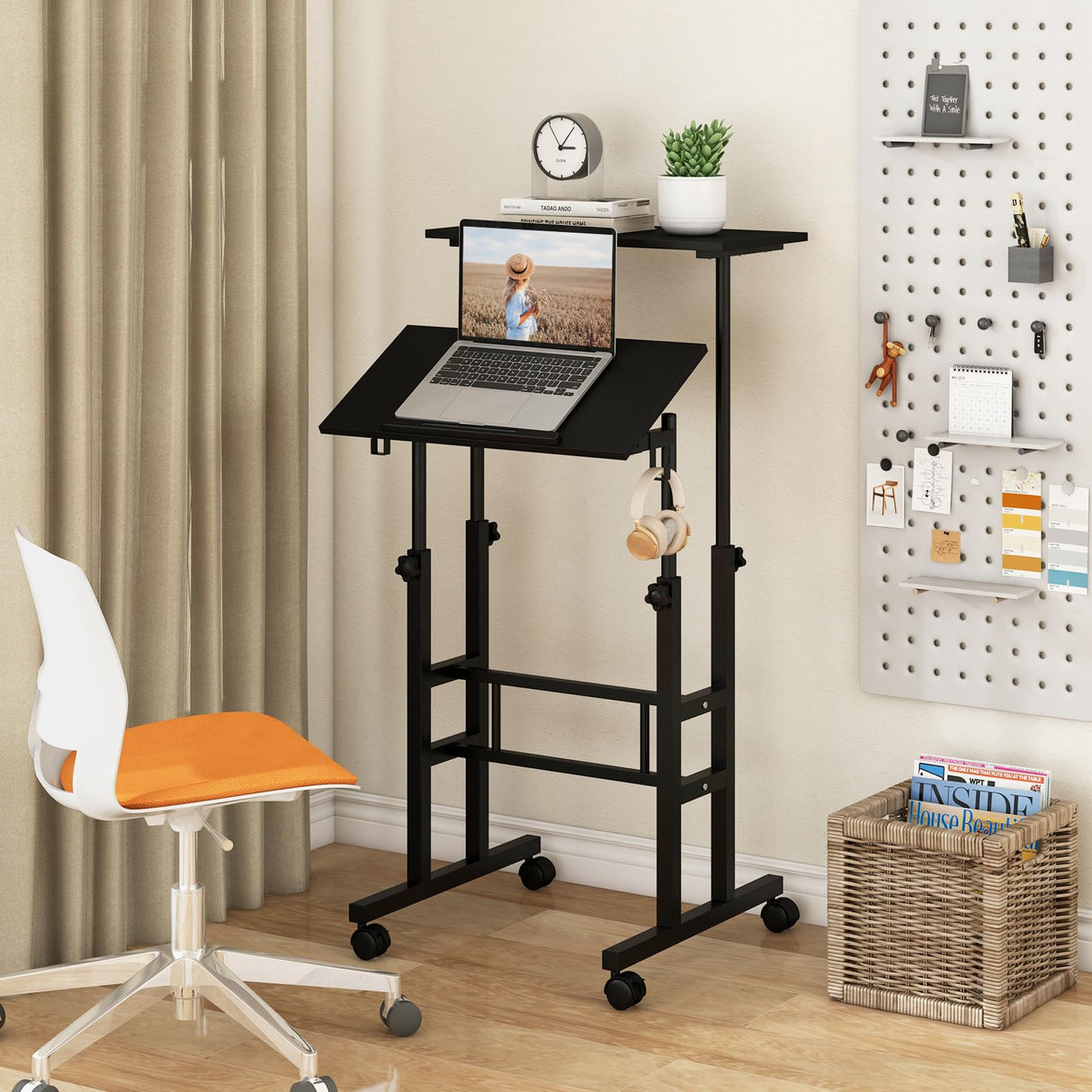 Mobile Standing Desk, Height-Adjustable Laptop Podium Cart with Tilting Tabletop & Adjustable Angle, Rolling Stand Up Computer Desk with 2 Hanging Hooks & Lockable Casters for Home Office