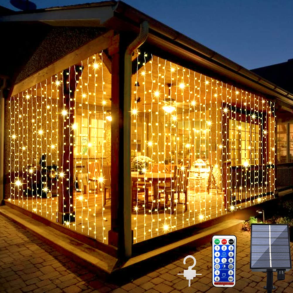 Upgraded Solar Curtain Lights Outdoor Garden Fairy String Lights 300 LED