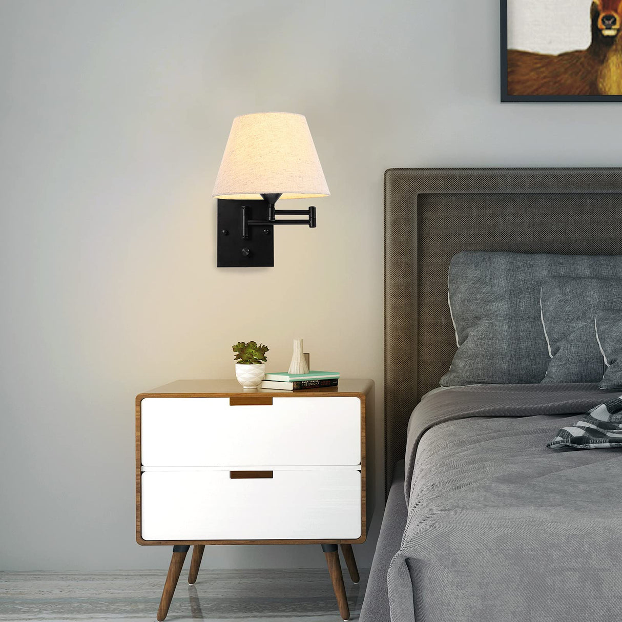 Plug in Wall Sconce Set of 2 Swing Arm Wall Lamp with Plug in Cord and Fabric Shade Wall Light