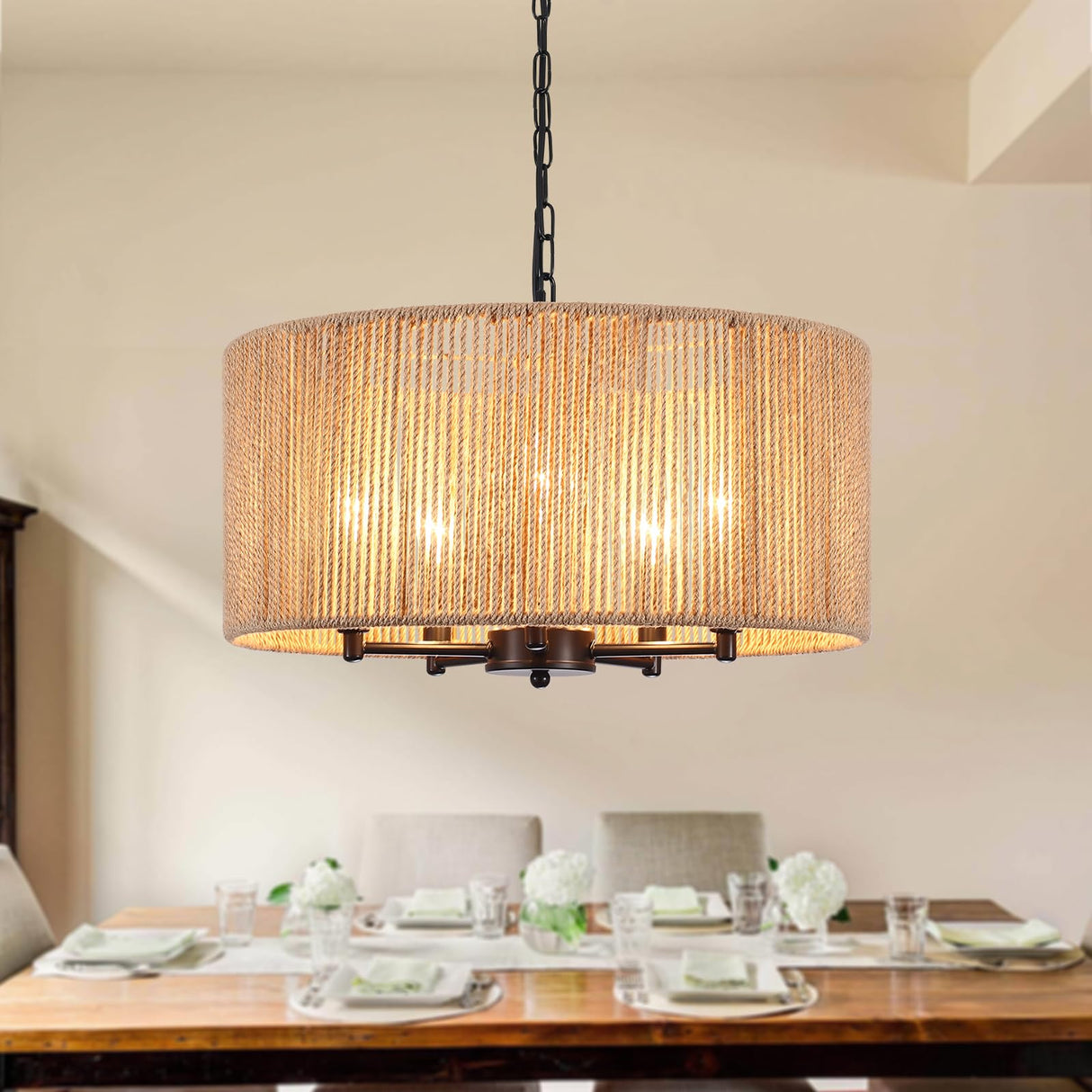 5 Lights Boho Drum Chandeliers for Dining Room Light Fixture, 19" Woven Pendant Light