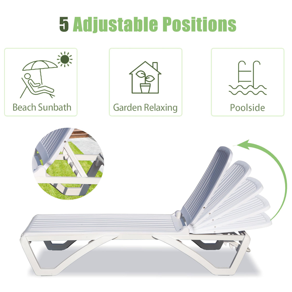 Patio Chaise Lounge with 5 Position Adjustable Backrest and Wheel