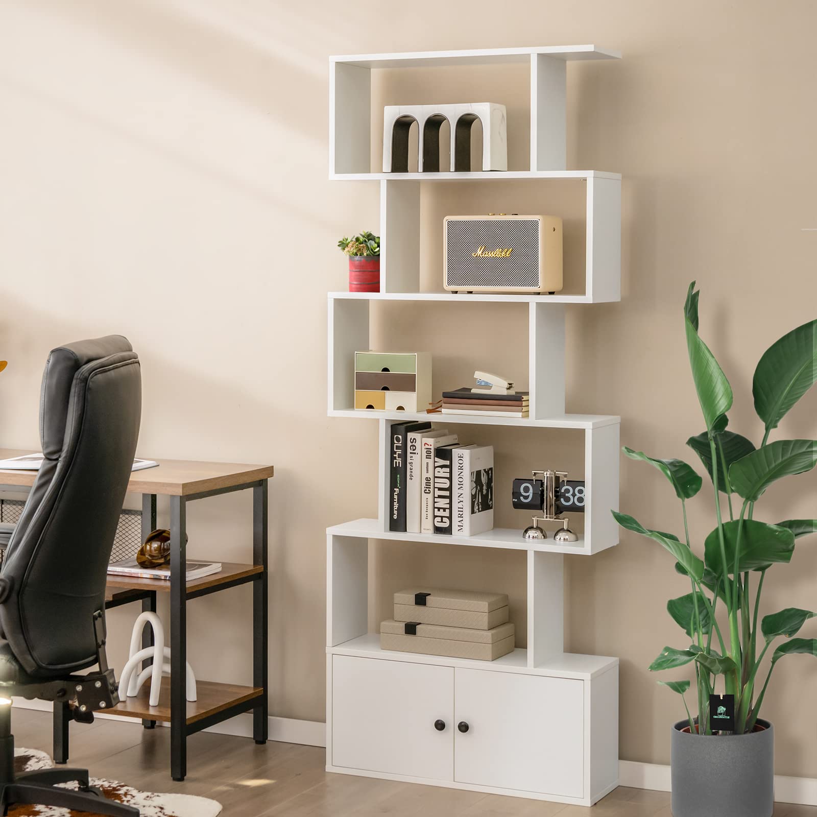 6-Tier Geometric Bookcase with Cabinet, Freestanding Display Shelves