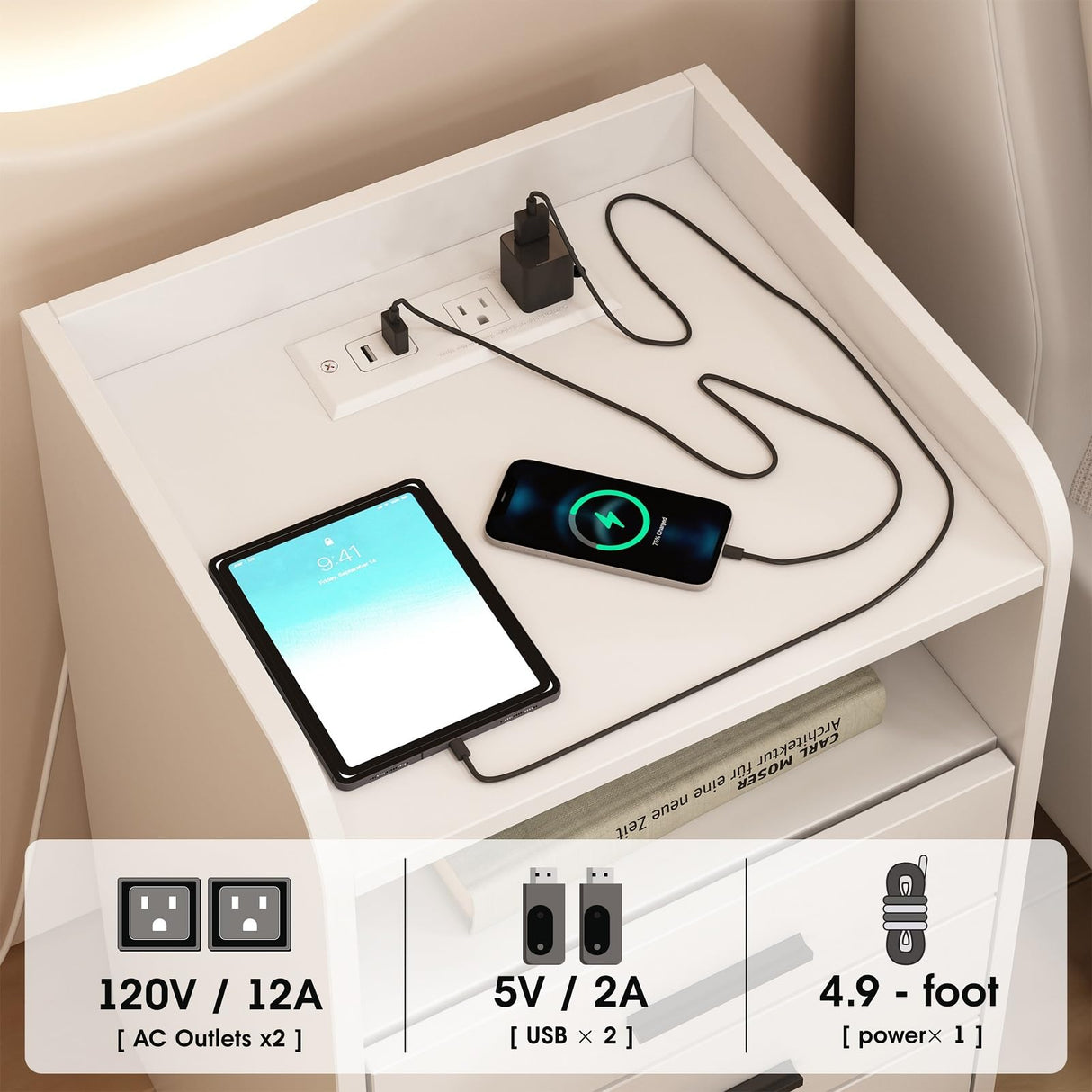 Multi-Functional White Nightstand Set of 2 with Charging Station
