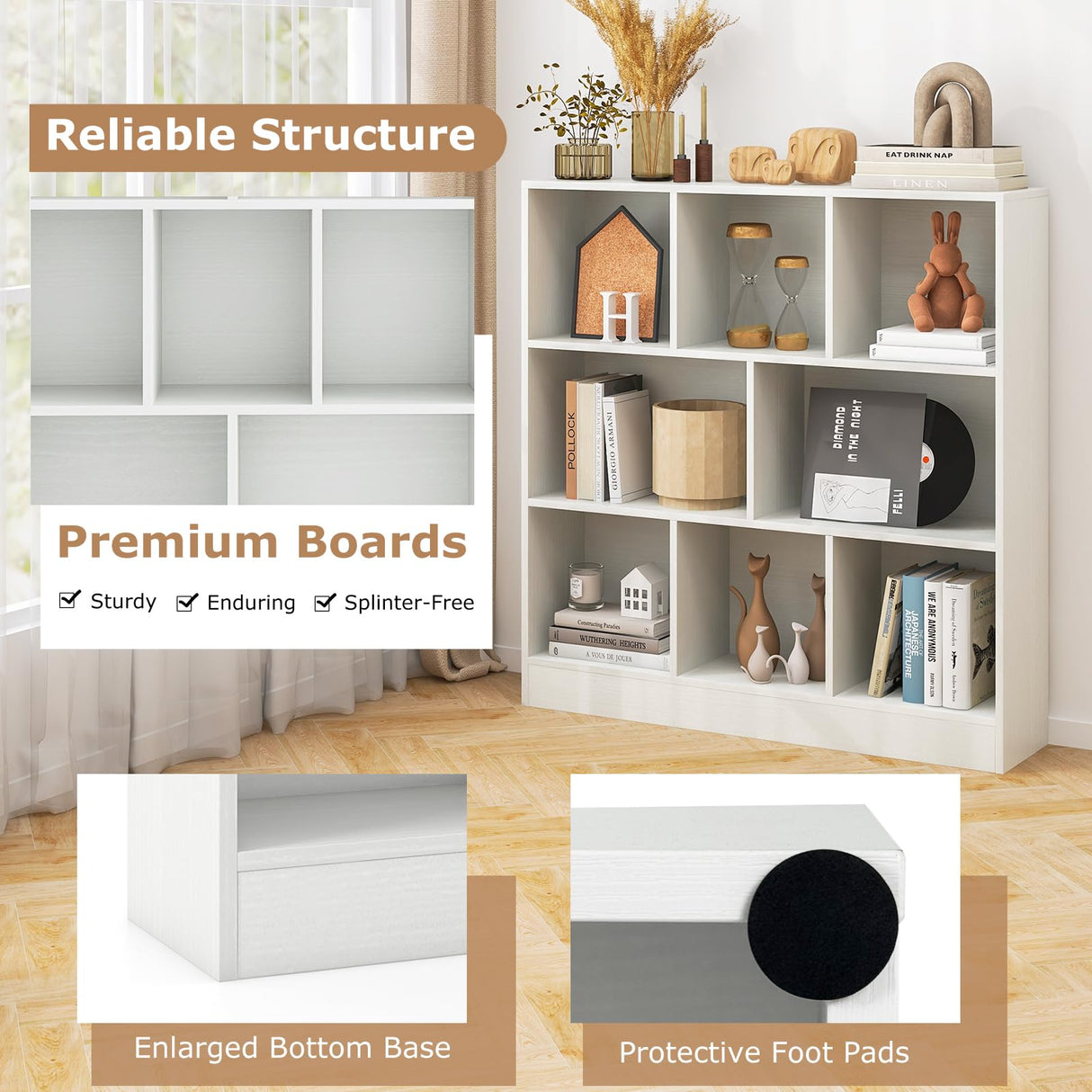 8-Cube Bookshelf, 39.5”L Floor Bookcase with 2 Anti-Tipping Kits, Freestanding Storage Organizer, 4-Tier Display Shelf for Home, Office & Dorms, Natural/White (White, 8-Cube)