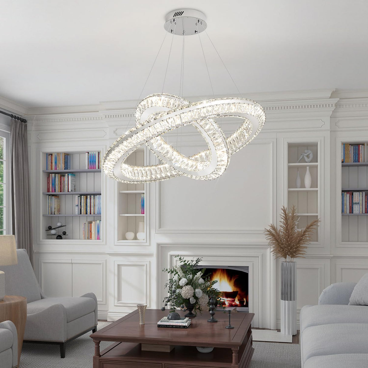 Flashing God 2 Ring Chandelier Modern Crystal Chandeliers LED Pendant Lights Silver Ring Chandelier for Bedroom Dining Room High Ceiling Foyer