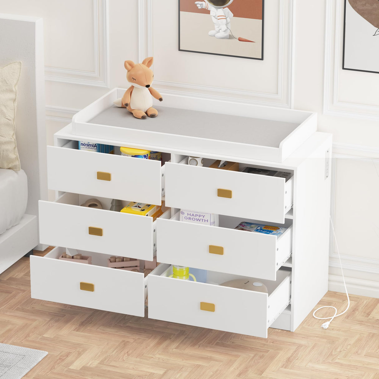Dresser for Bedroom with 6 Drawers, Wide Chest of Drawers with Changing Table Top