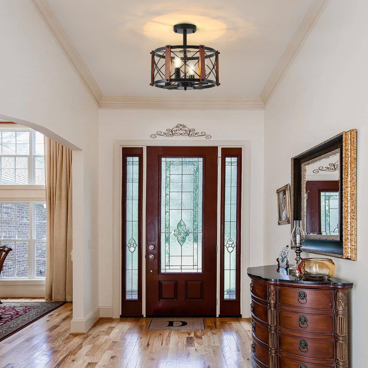 4-Light Farmhouse Wood Semi Flush Mount Ceiling Light