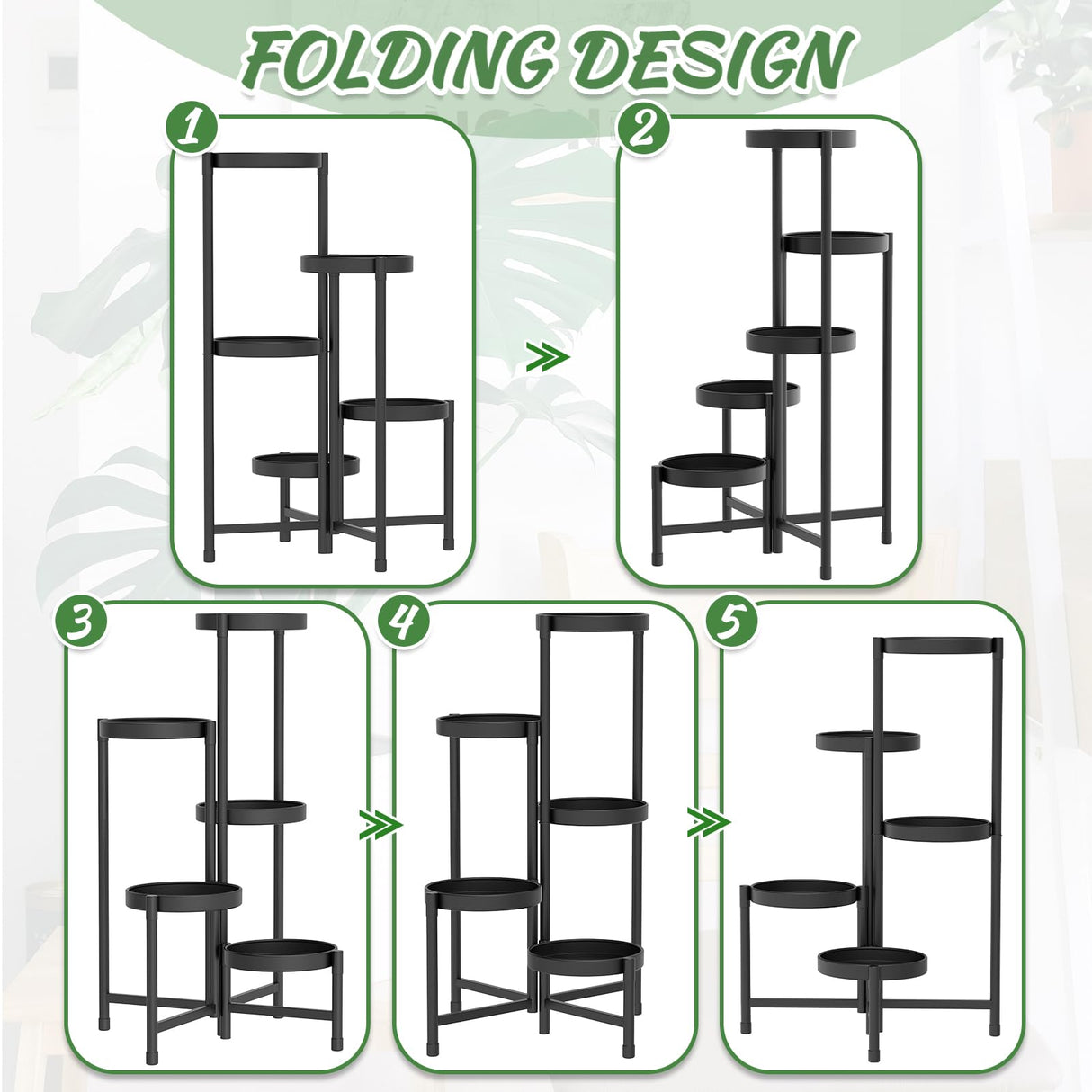 Foldable 5-Tier Metal Plant Stand Space Saving Corner Shelf