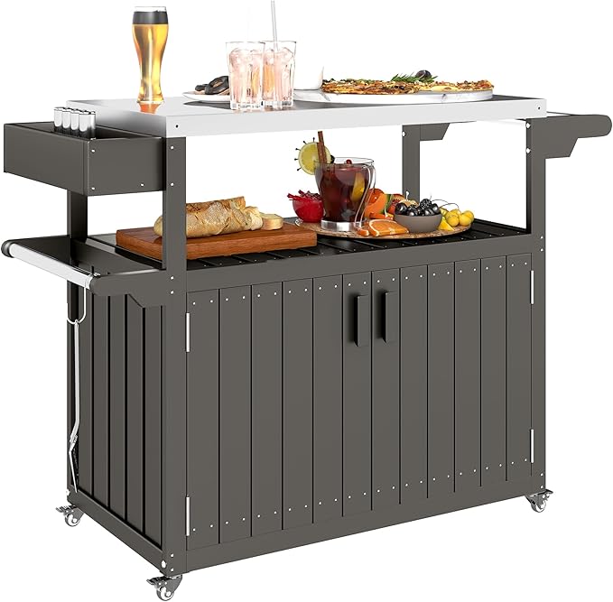 Outdoor Bar Cart with Storage Cabinet, Stainless Steel Top Kitchen Island on Wheels