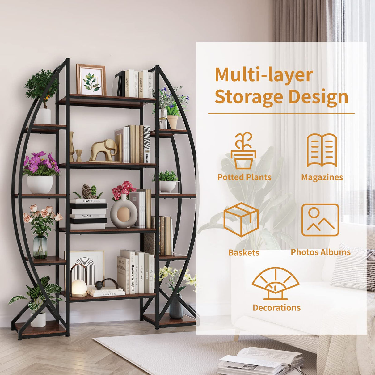 Large Oval Bookshelf – 70” Tall, 5-Tier Industrial Metal & Wood Bookcase