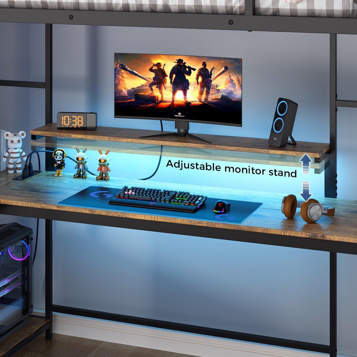 Twin Loft Bed with Large Desk and LED Lights, Metal Loft Bed with Ladder and Safety Guardrails for Adults, Teens, and Kids in Bedrooms, Apartments, and Dormitories