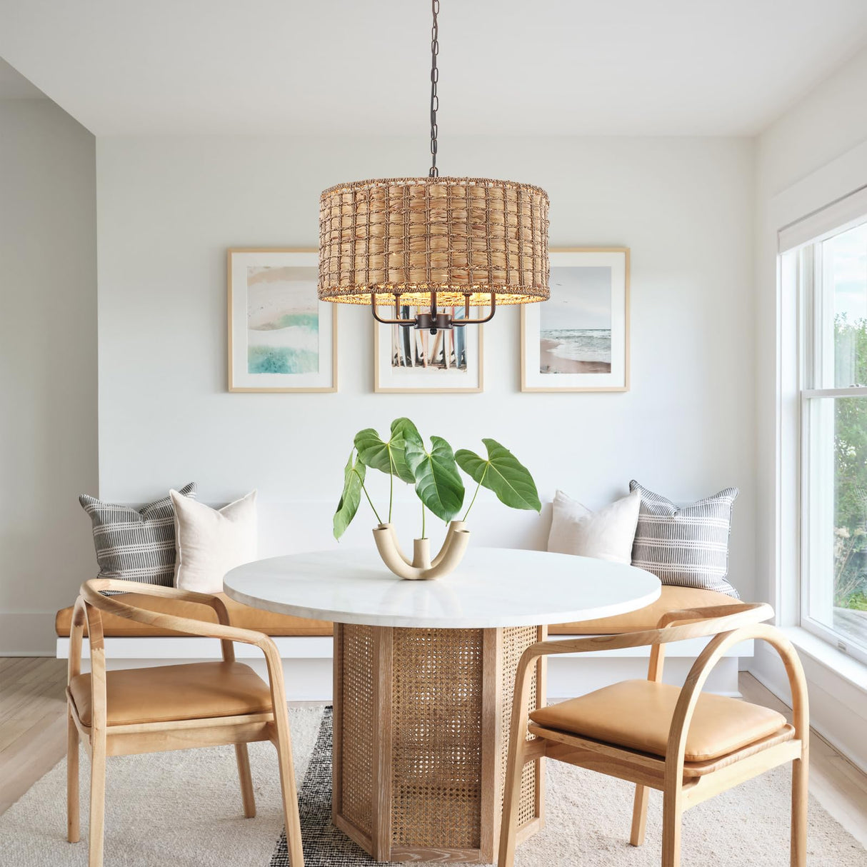 Rattan Chandelier for Dining Room,5 Lights Boho Drum Chandelier Light Fixture