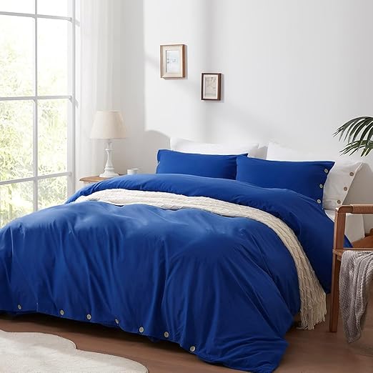 Navy Blue Duvet Cover Queen Size, 100% Washed Cotton 3 Piece Bedding Set