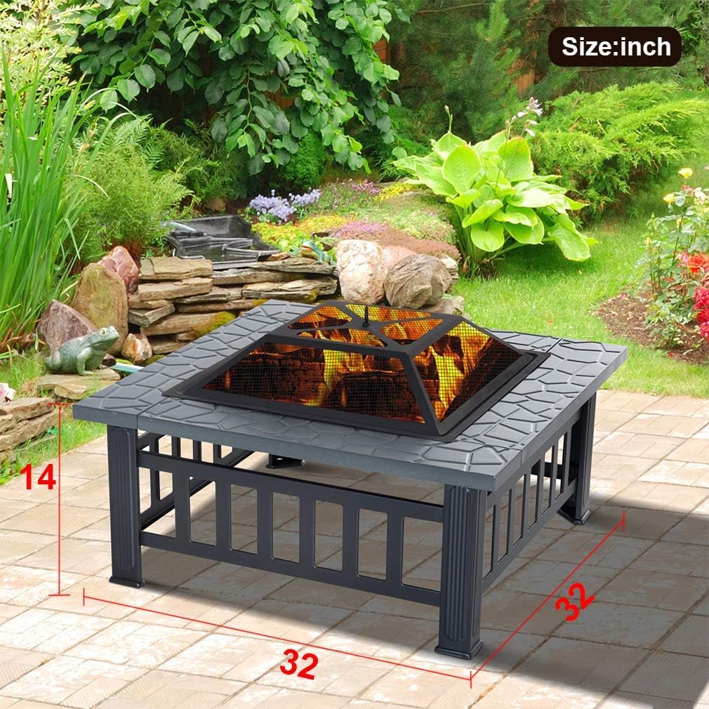 Fire Pit, 32” Outdoor Metal Fire Pit Table with Durable Steel Frame