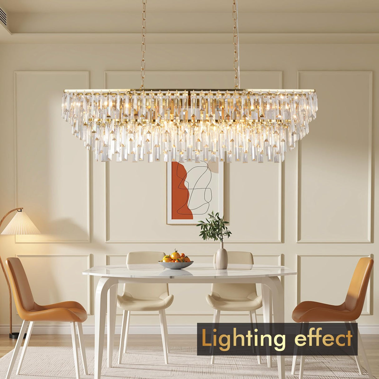 39" Modern Rectangle Crystal Chandelier, Gold Linear Pendant Light with Clear Crystal Prisms, Luxury Island Lighting Fixture for Dining Room Kitchen Table Living Room