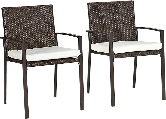 2 Piece PE Rattan Outdoor Dining Chairs with Cushion, Patio Wicker Dining Chair Set