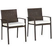 2 Piece PE Rattan Outdoor Dining Chairs with Cushion, Patio Wicker Dining Chair Set