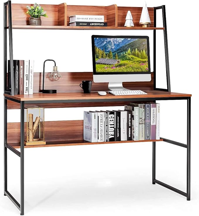 Computer Desk with Hutch & Bookshelf, 47" PC Laptop Table Workstation w/ 3 Storage Cubes & Open