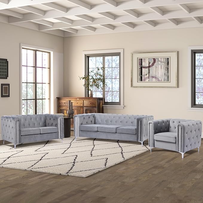 3 Pieces Velvet Tufted Sofa Set with Thick Padded Seat Cushion