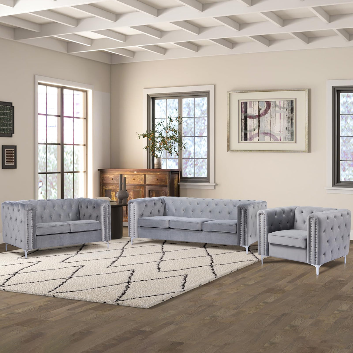 3 Pieces Velvet Tufted Sofa Set with Thick Padded Seat Cushion