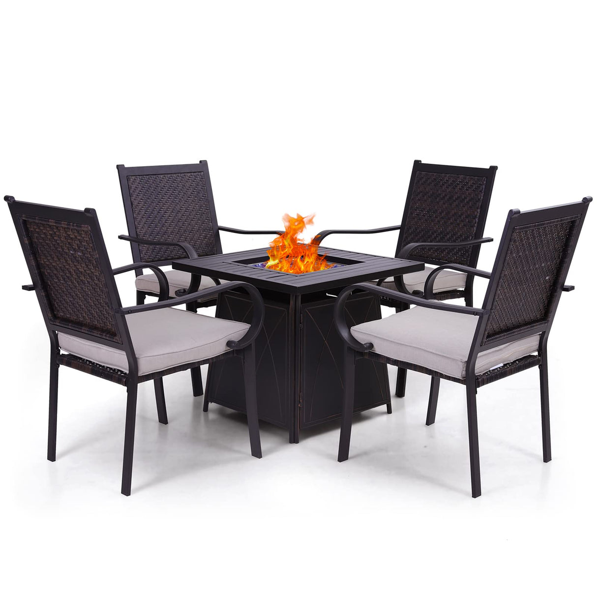 Gas Fire Pit Table Set 5 Pieces Outdoor Rattan Dining Set Patio Furniture 28" Propane