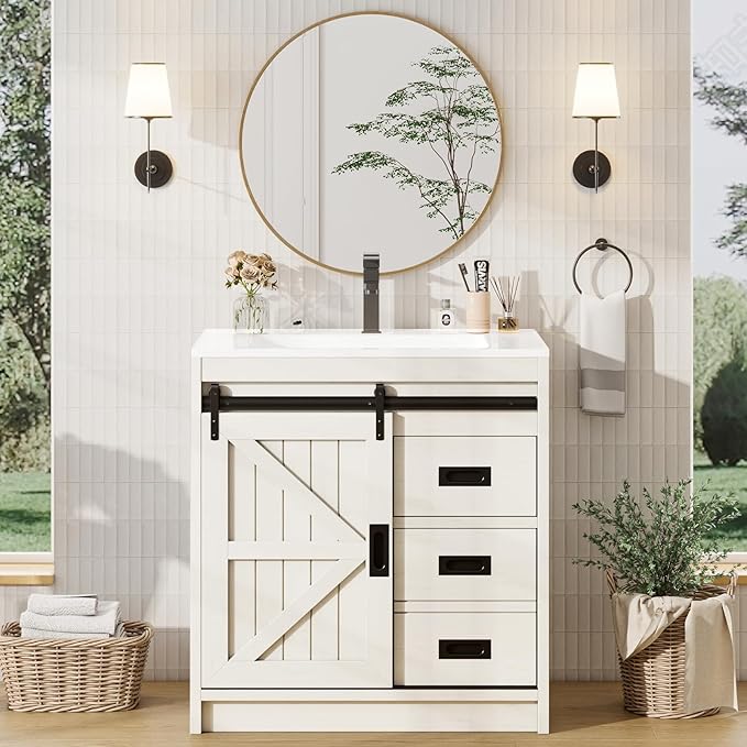 Sliding Barn Door Bathroom Vanity with Sink, 31in Farmhouse Bathroom Vanity Cabinet