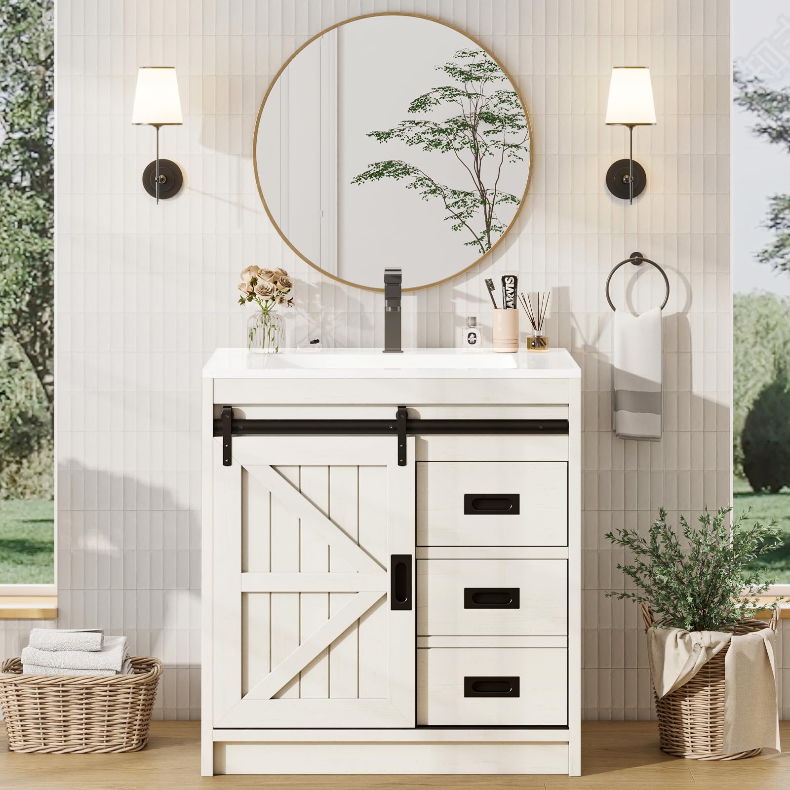 Farmhouse Bathroom Vanity with Sink Combo, 31in Sliding Barn Door Bathroom Vanity Cabinet Set