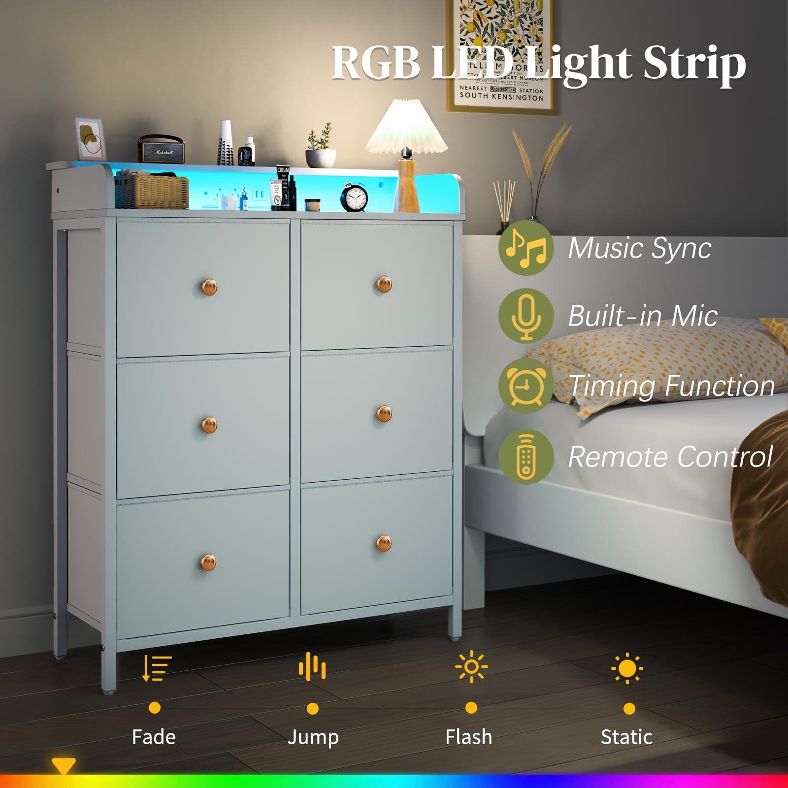 Dresser for Bedroom with Charging Station, 6-Drawer Chest Furniture with LED Lights