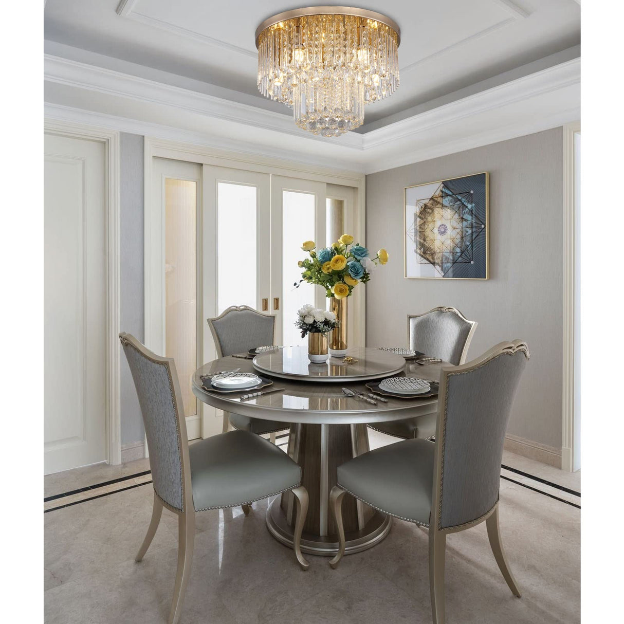 Gold Crystal Raindrop Chandelier Flush Mount Ceiling Light, 5 Lights Modern Round K9 Crystal Chandelier