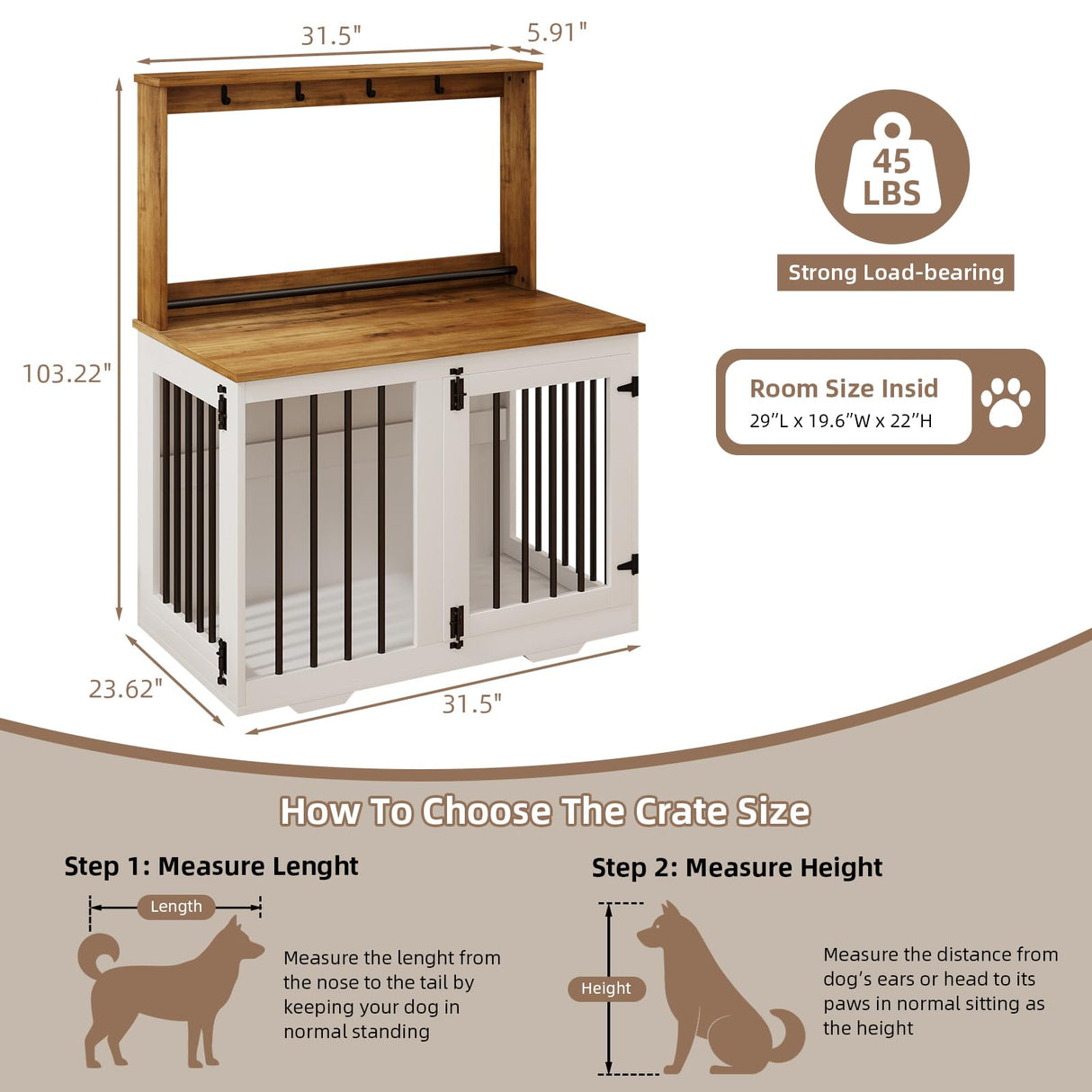 White Wooden Dog Crate Furniture with Storage Shelf & 4 Hooks