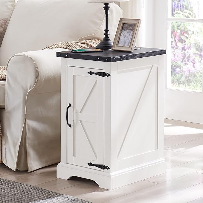 Nightstand with Charging Station, Rectangular Farmhouse End Table with Barn Door
