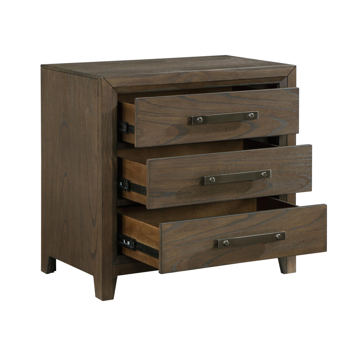 27 Inch Nightstand, 3 Drawers, Handles, Brushed Walnut, Brown, Black and Nickel
