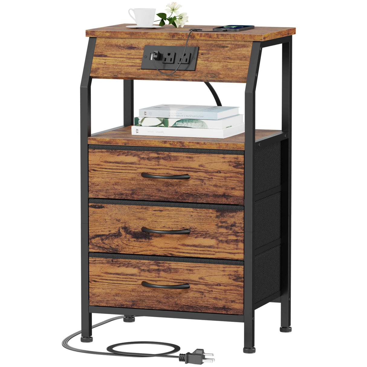 Night Stand with Charging Station, Small Bedside Table with Wood Shelf, End Table