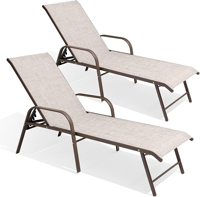 Lounge Chair Outdoor with Armrests, Pool Lounge Chairs Set of 2, Aluminum Adjustable