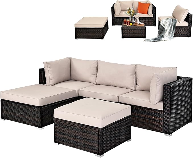 5-Piece Outdoor Patio Rattan Sectional Sofa Set with Ottoman and Table - Turquoise