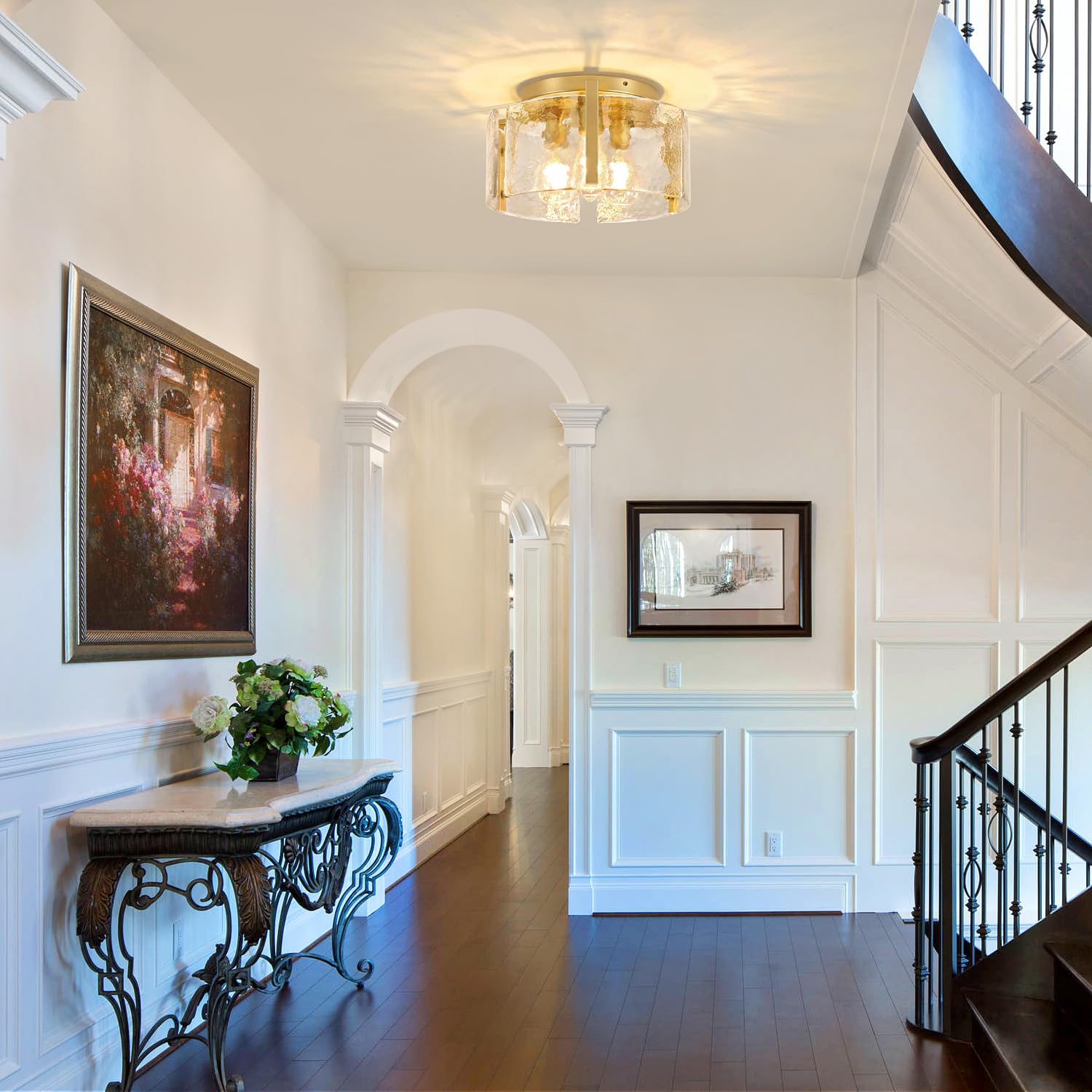 3-Light Modern Semi Flush Mount Ceiling Light Fixture, Gold Glass Lights